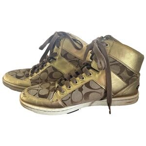 Coach Signature Logo Norra Gold Brown High Top Sneakers Women's Size 8
